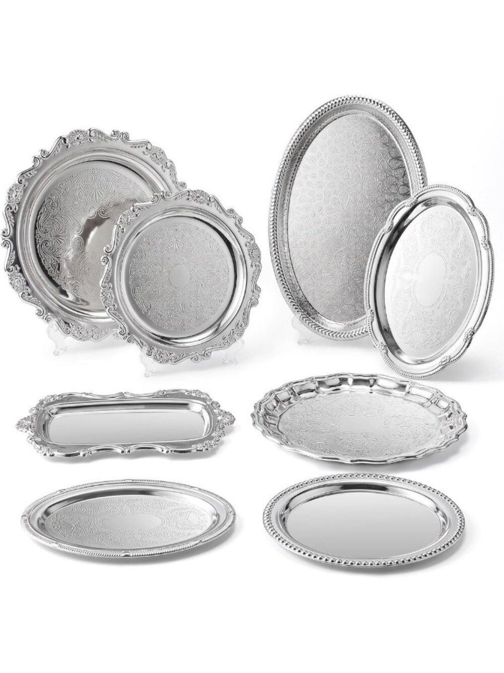 Vintage Silver Serving Trays Set - 8 Pcs Stainless Steel Platters for